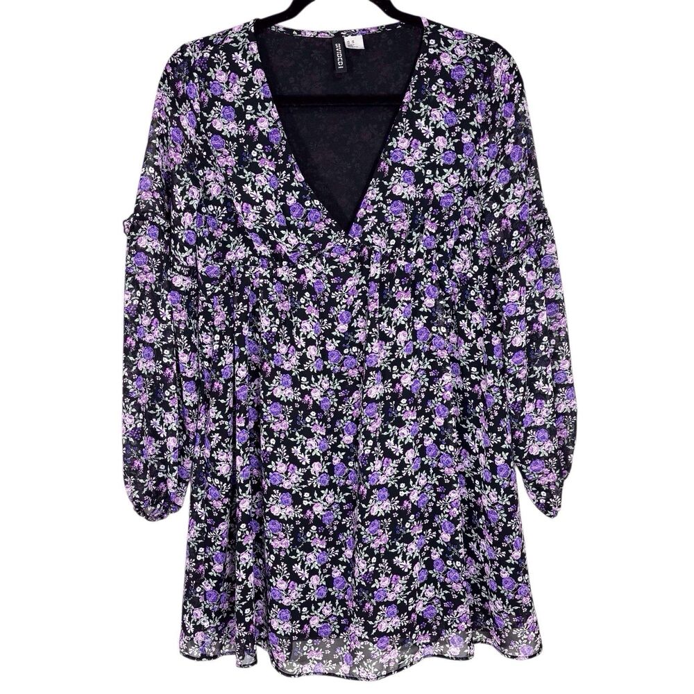 H&M Divided Babydoll Tunic Dress XS Purple Black Dark Floral Frenzy Cottagecore